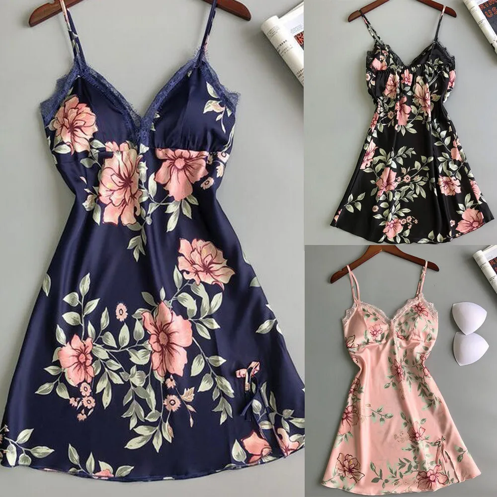 Women Sexy Lingerie Homewear Satin Silk Lace Floral Nightgown Robe Dress Babydoll Nightdress Sleepshirts Sleepwear Nightwear | Женская