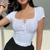 xuxi 2021 summer short sleeved t shirt streetwear women with big u neck and tight fitting curved hem e2332