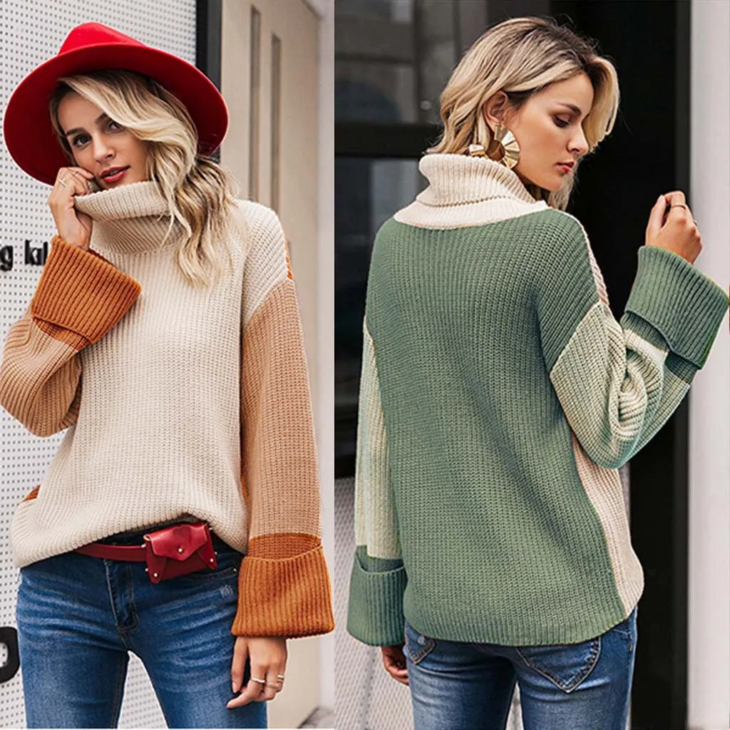 

FREE OSTRICH sweater Women Turtleneck Knitting Pullover Casual Colour Stitching Long Sleeve High Collar Ladies Sweater Drop Ship