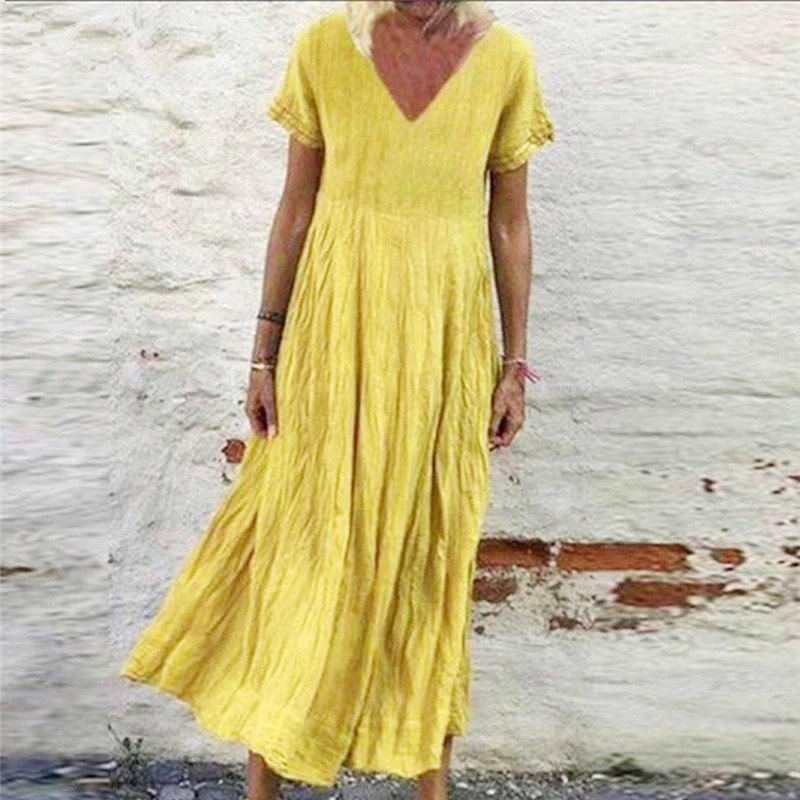 

Hot Sale Ladies Long Dresses Women Fashion V-Neck Short Sleeve Dress Casual Solid Color Dress For Female Plus Size