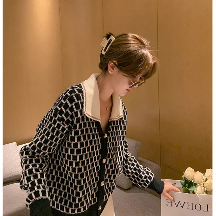 

Hsa 2021 Winter Spring Women's Sweaters V-Neck Buttons Cardigans Turn Down Collar Fashionable Korean Lady Plaid Knitwears