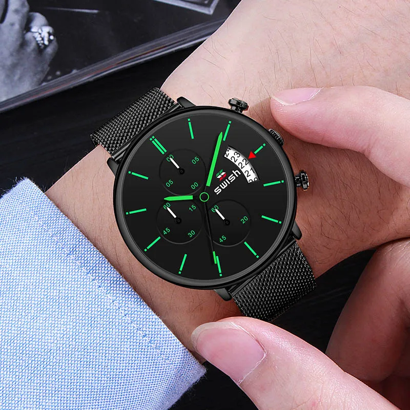 

SWISH Luxury Chronograph Watches Men Fashion Stainless Steel Waterproof Sports Quartz Watch Luminous Military Wristwatch Male