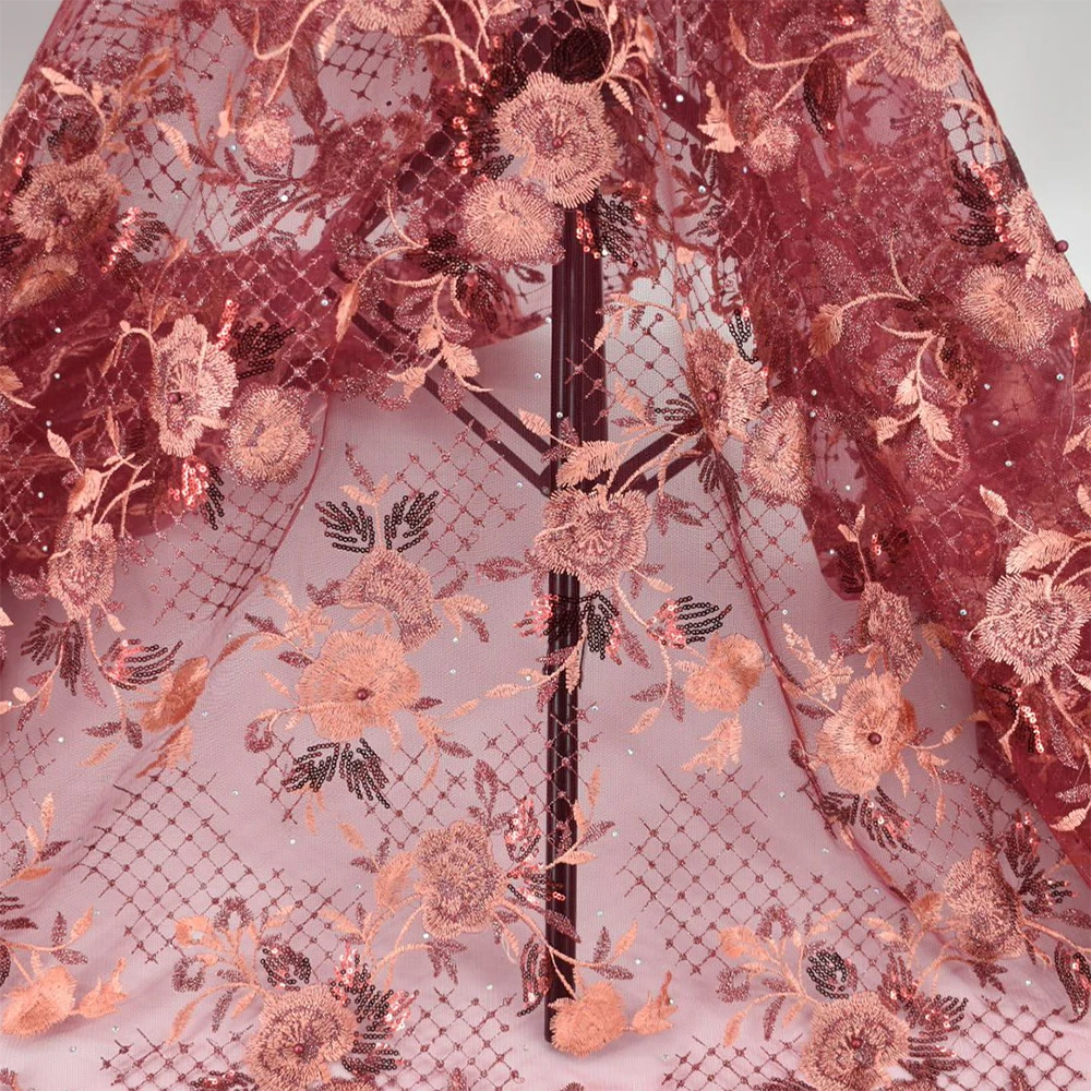 

CS Fashion African Lace Fabric Red French Lace Fabric High Quality With Stone Nigerian Embroidery cheap Tulle Lace Fabric