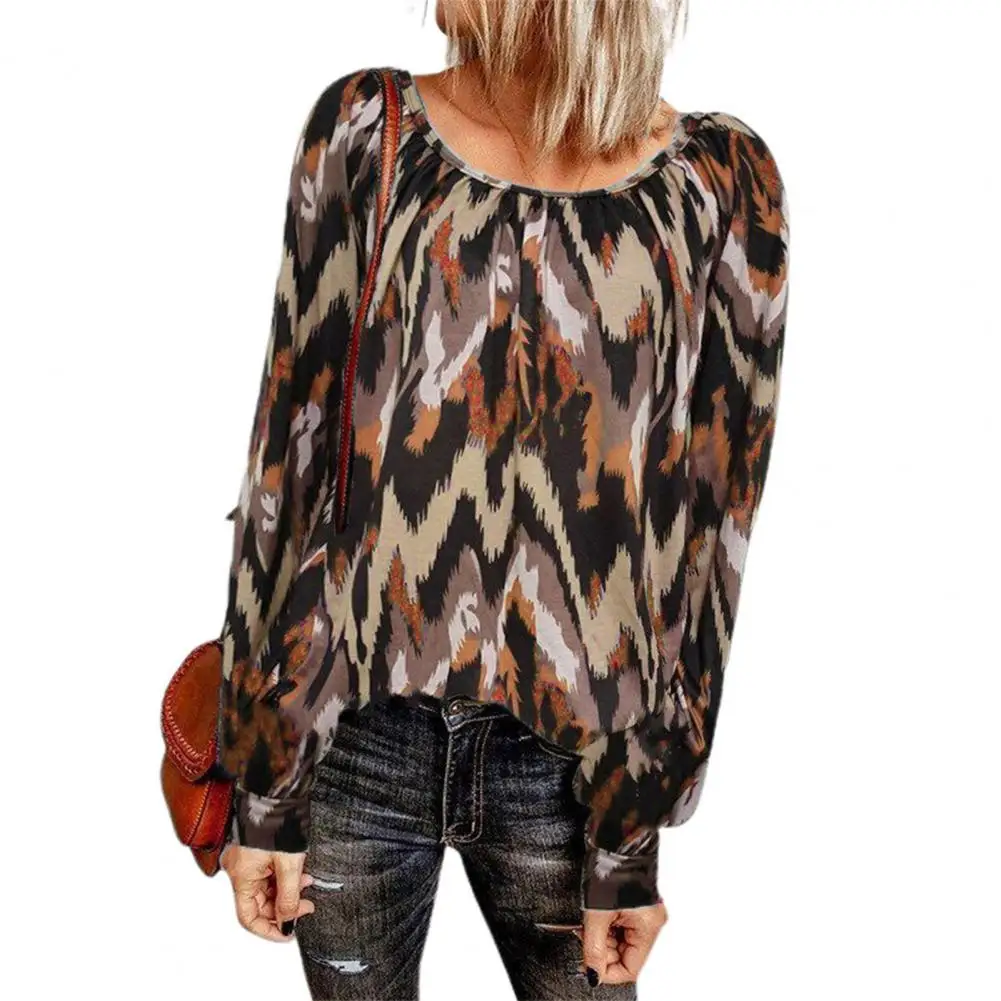 

Ele-choices S-3XL Women Blouse Printed Pleated Autumn Loose Round Neck Long Sleeve Pullover T-shirt Steerwear for Daily Work