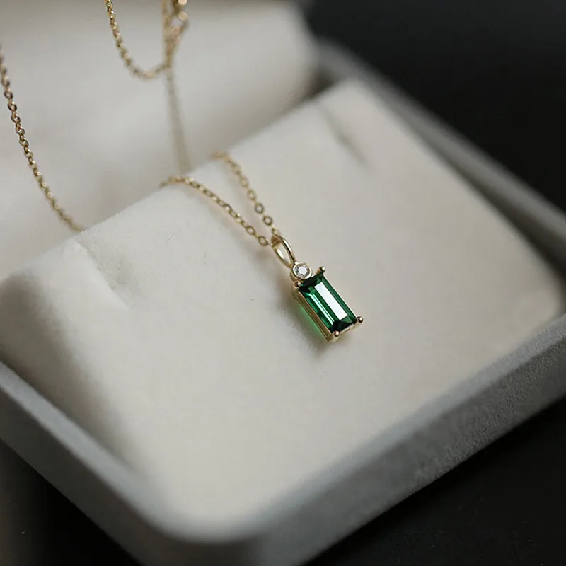 CCFJOYAS 925 Sterling Silver 14K Gold Plated Emerald Green  Mini Rectangle Zircon Necklace Female Korean Style Pendant Necklace