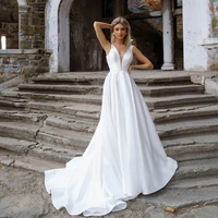 white satin long wedding dress for woman cap sleeves sweep train a line v neck civil bridal gown simple vestido de novia 2022