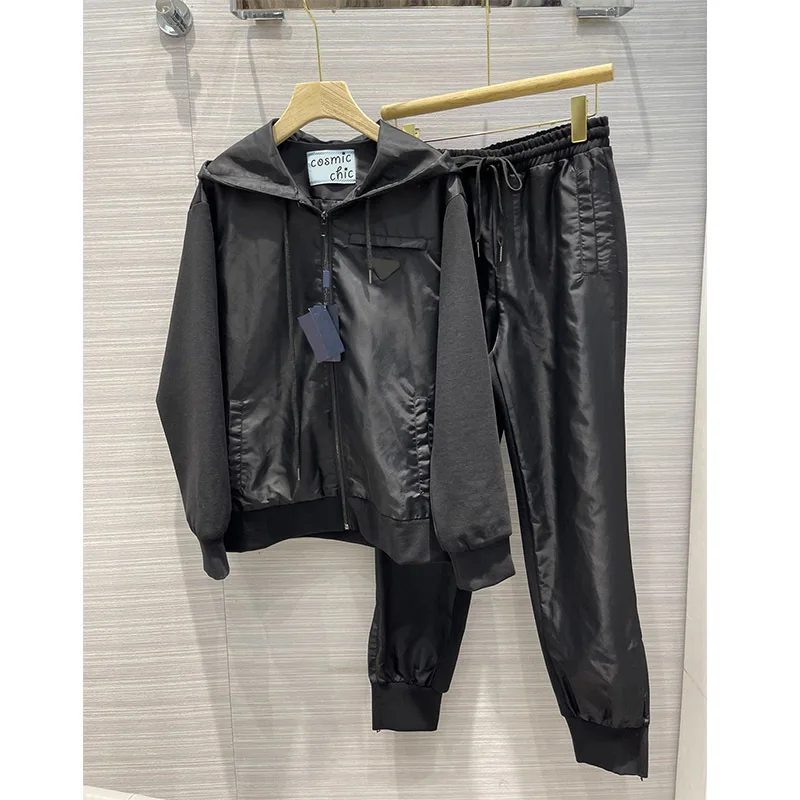 

High End 21 Winter Runway Women Black Preppy Style Sport Suits Fashion Long Sleeve Hooded Zipper Goth Jacket Jogger Harem Pants