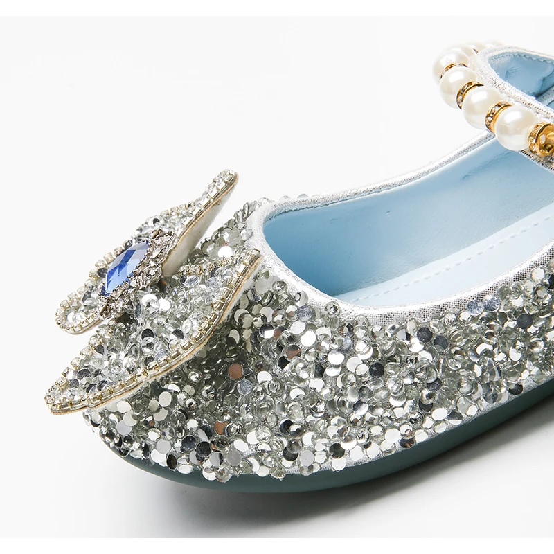 

Girls Acrylic Crystal Rhinestones Pearl Princess PU Shoes Silver Color For Kids Children Performance Show Party Gift