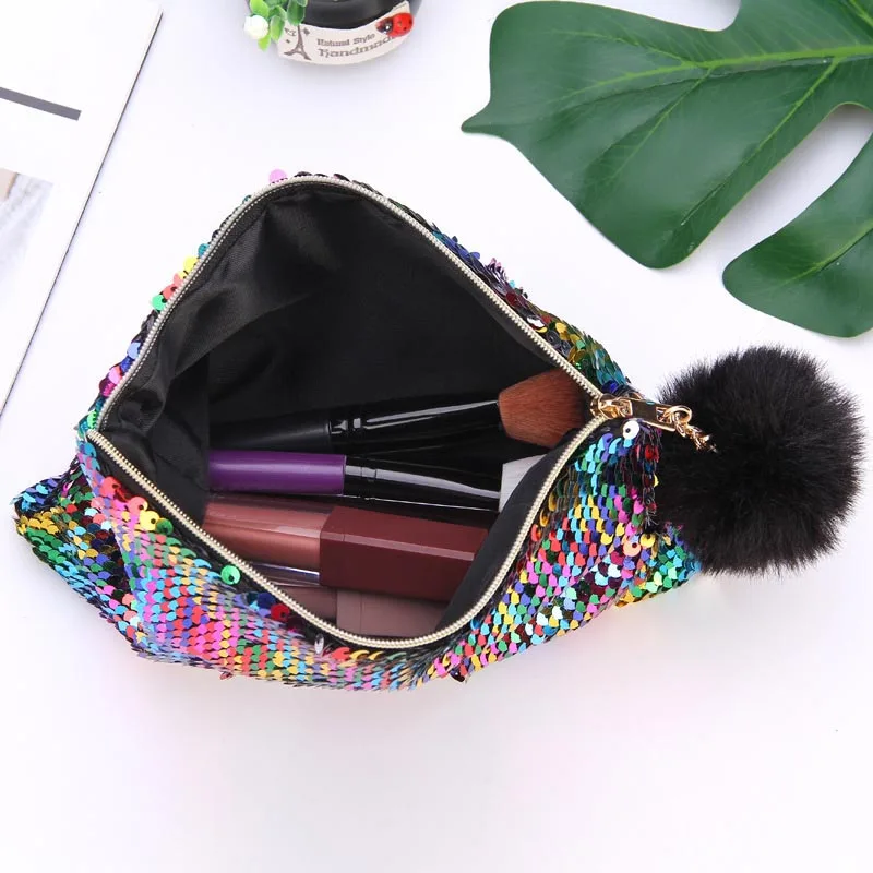 

Double-sided Sequin Pencil Case with Hair Ball Pen Collecting Stationery Storage Bag SGA998