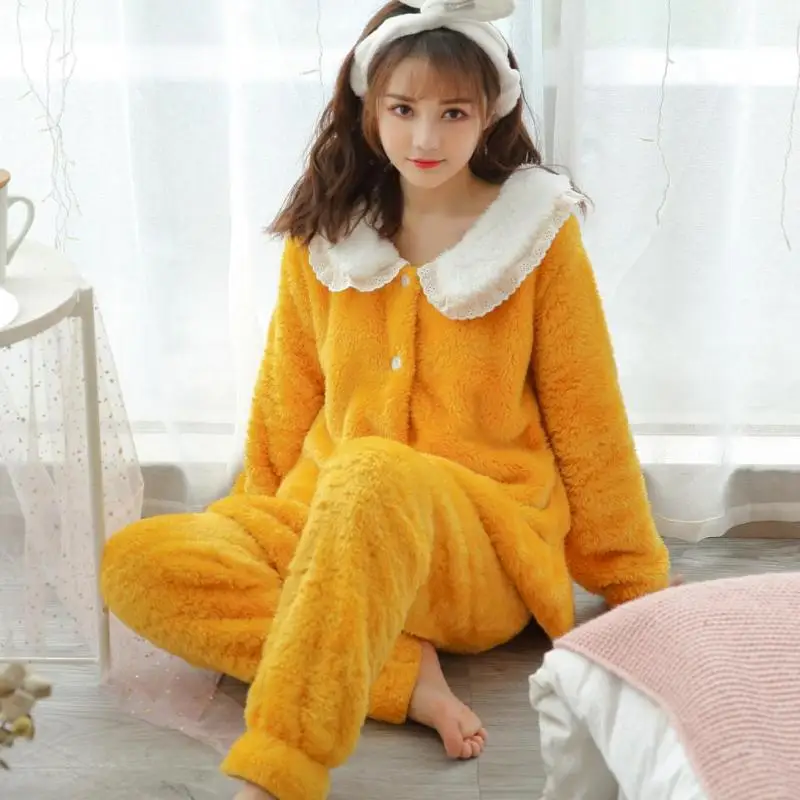 

Women Flannel Pajamas Set Cute 2PCS Sleepwear Long Sleeve Shirt&Pants Coral Fleece Pijamas Suit Casual Sleep Set Home Clothes