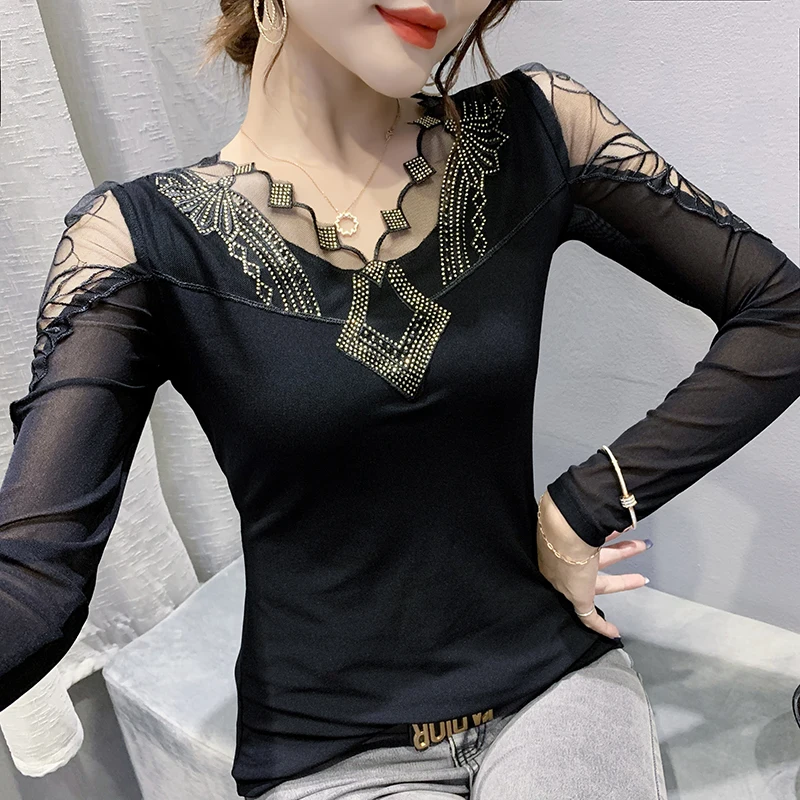 

Fall Winter European Clothes T-Shirt Chic Sexy Patchwork Mesh Shiny Dimaonds Women Tops Long Sleeve Bottoming Shirt Tees
