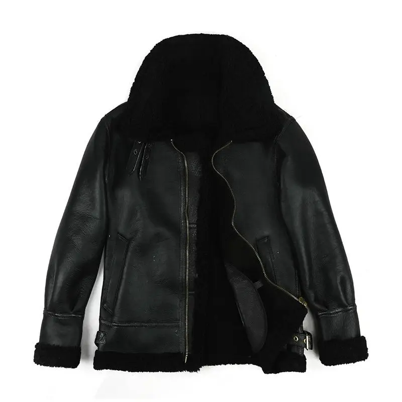 Fur one B3 Flight Suit Sheepskin Leather Coat Men Black Genuine Leather Sherling Jacket Real Leather Mens Clothing 5XL