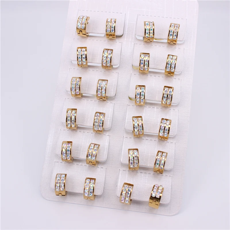 

Разноцветные серьги-кольца с двумя рядами кристаллов 10 мм-12 мм 12 шт/карточка из нержавеющей стали, ювелирные изделия, подарок K014