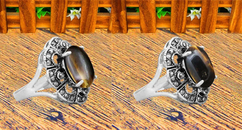 Oval Natural Tiger Eye Rings For Women Vintage Look Antique Silver Plated Rhinestone Plum Flower Fashion Jewelry TR692