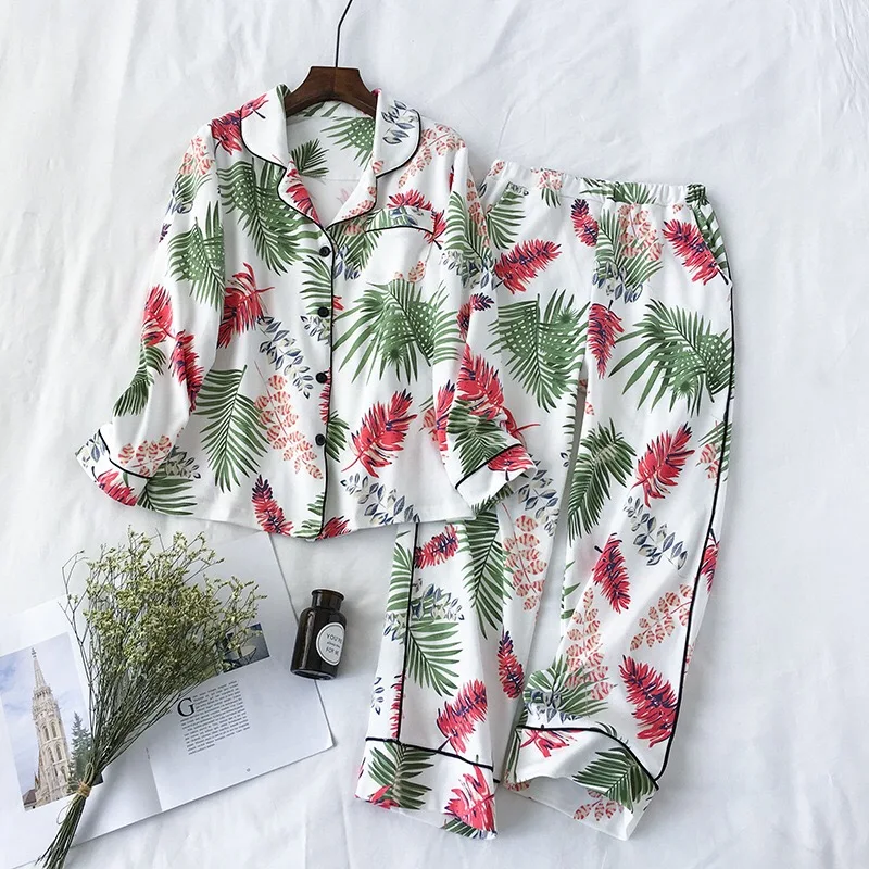 Свежие листья пижамы для женщин 2020 осень стежка пижамный комплект спальный