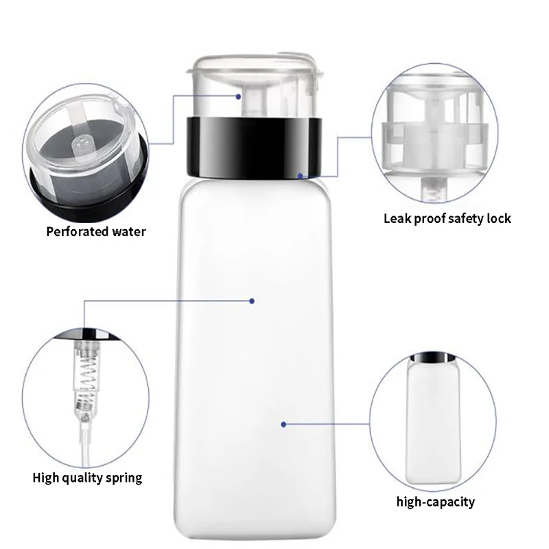 

Press Pump Empty Lockable Dispenser Plastic Cleaner Portable Makeup Nail Polish Remover Manicure Alcohol Storage Spray Bottle
