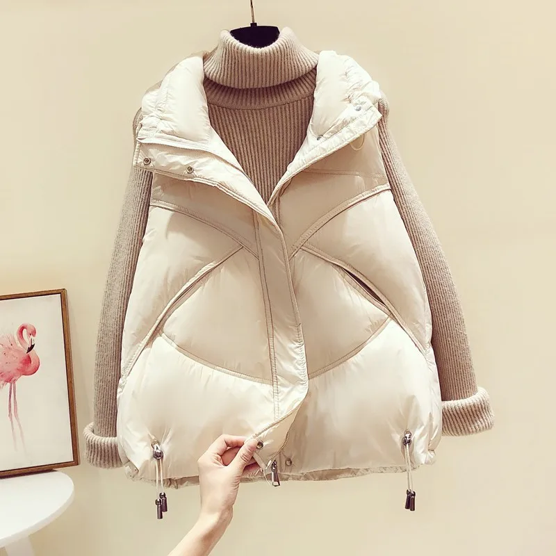 

Autumn Winter Women Vest Fashion Zipper Stand-Up Collar Sleeveless Jacket Temperament Waistcoat Loose Glossy Cotton Tops G911