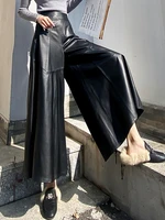autumn new designer womens high rise leather wide leg pants high quality genuine leather a shape ninth pants c433