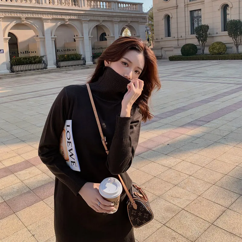 Элегантное корейское женское платье-свитер теплое осенне-зимнее платье