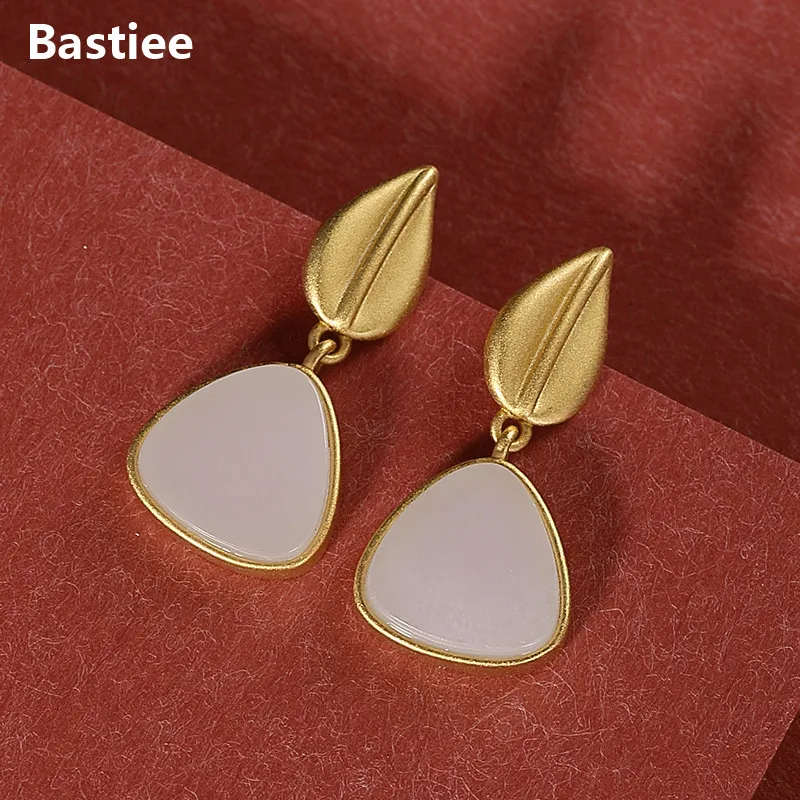 Bastiee Triangle Stud Earrings For Women Jewelry Leaf Drop White Jade Earings Geometric Office Lady