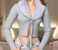 bbwm women new sweet fur collar splicing knitting sweater female lace long sleeve cardigan chic top