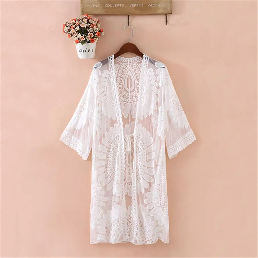 

Lace Beach Cover Up Swimwear Kimono Flare Sleeve See Through Long Cardigan Bikini Outer Cover Sexy Cover-ups