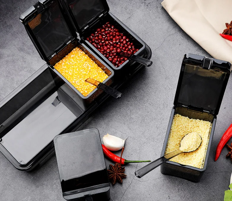 

Multifunction Spoon 4-compartment Spice Box Storage Container Salt Pepper Spray Sugar Seasoning Tank Kitchen Accessories