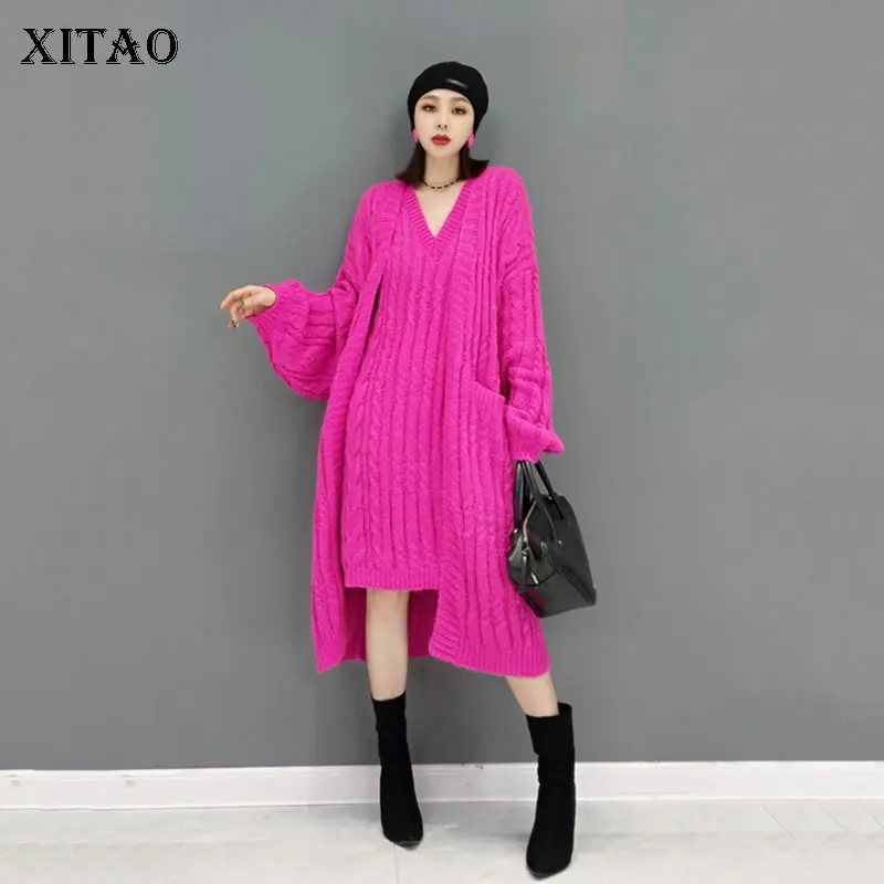 

XITAO Autumn Winter New Knitting Cardigan Sleeveless Dress Two Piece Suit Solid Color Fashion Temperament All-match JL0061
