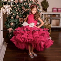 yipeisha high collar high low flower girl dress infant kids christmas party gown luxury fuchsia prom gown for baby girl pageant