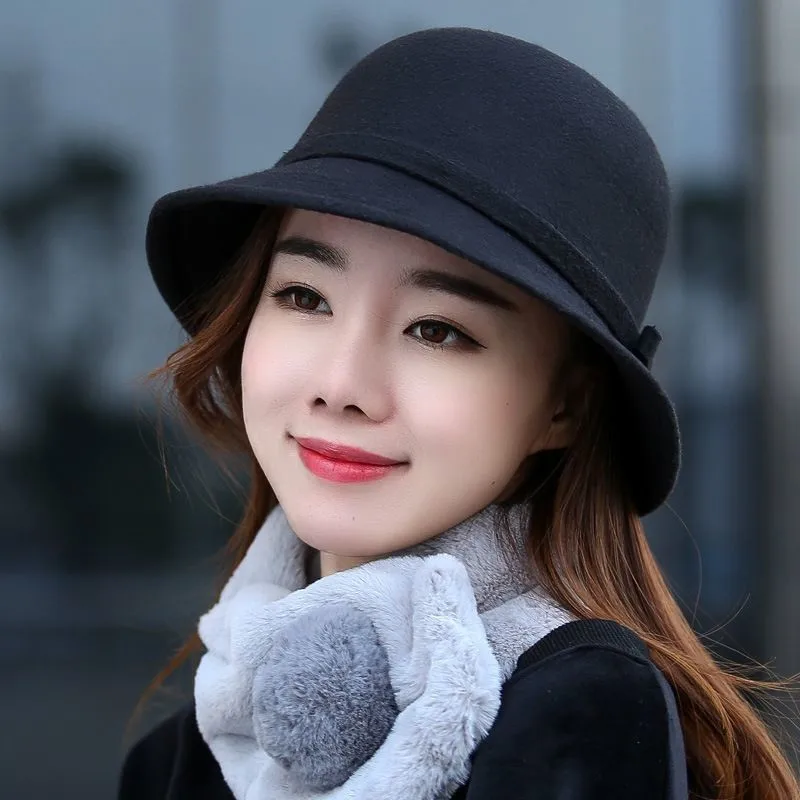 2021 Winter Elegant Women Foldable Wool Felt Bucket Hat With Brim Female Bow Fishing Hats Floppy Solid Caps Sun Protection