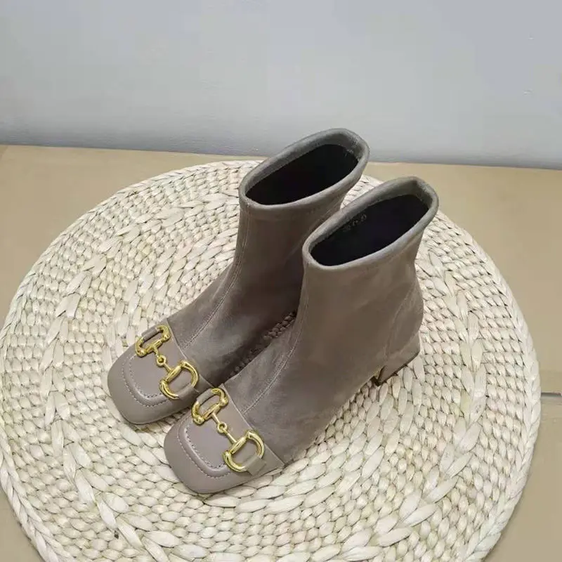 

Elastic Boots Women's Short Boots 2021 Thick Single Boots Thin Boots Horse Bit Buckle Square Head Sleeve Short Bare Boots.