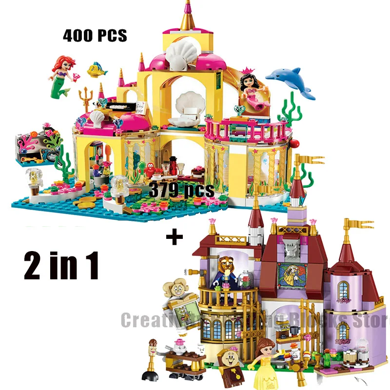 

2021 New 2 pcs Disney Classic Movie Cartoon Character Mermaid Princess Palace Model Building Block Set Children's Toys Gifts