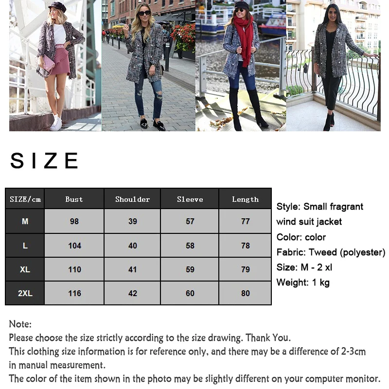 Women'sTweed Jacket One-Piece Suit Spring Autumn Lady Style Woolen Cloth Coat 2021 Fashion Plaid Pee Suit Long Jacket Casual Top