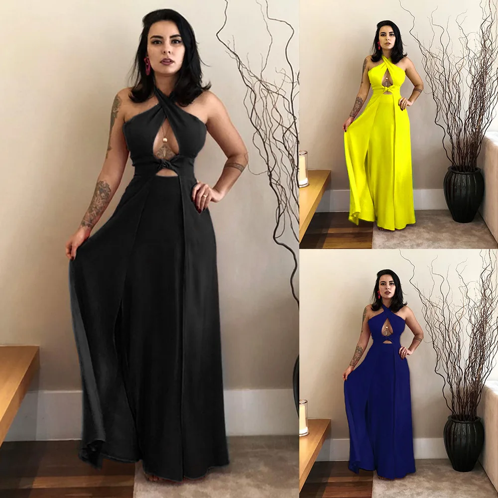 

2020 New Solid Color Elegant Halter Sleeveless High Waist Split Long Formal One-Piece Dress Women