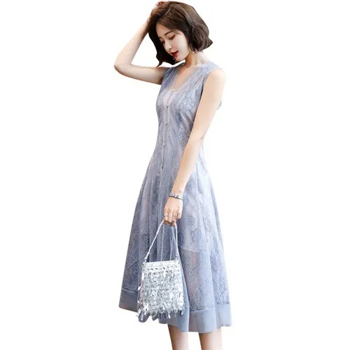 2019 Summer New Blue Comfort Slim Solid Color Temperament Korean Sling Set Lace Chiffon Dress