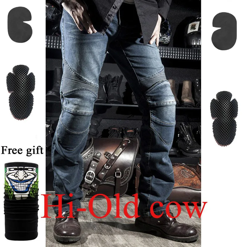 Hi-Old cow Blue C Высокое качество с подкладкой! Штаны для езды на мотоцикле, штаны для езды на велосипеде, рыцарские штаны, внедорожные брюки, 719 синие дышащие мотоциклетные джинсы - Цвет: Hi-Old cow Blue C