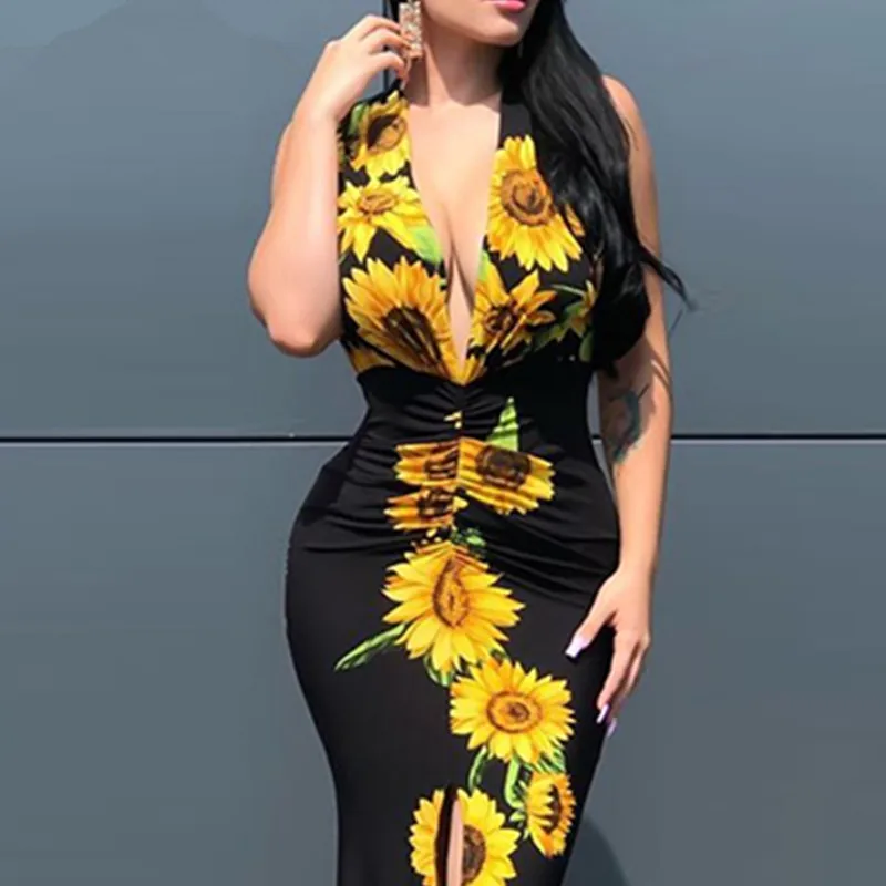 

Women Deep V-Neck Plunge Sunflower Print Slit Maxi Dress Maxi Dress Elegant Fashion Dress For Woman 2022