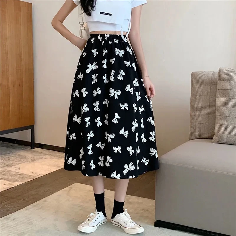 

Summer Korean Style Skirt 2022 New Bow Print Mid-Length Thin High-Waist A-line Skirts Women Elastic Sweet Casual Long Skirt
