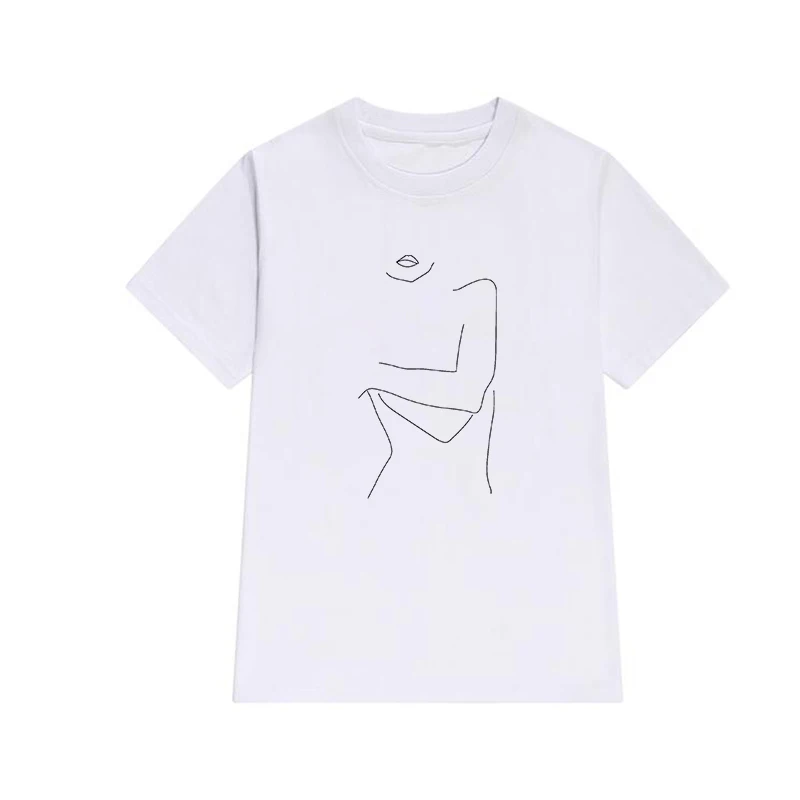 

2021 Summer Female Vogue Tops Line Art Woman Print T Shirt Aesthetics Tee Woman Casual Beautiful Tee