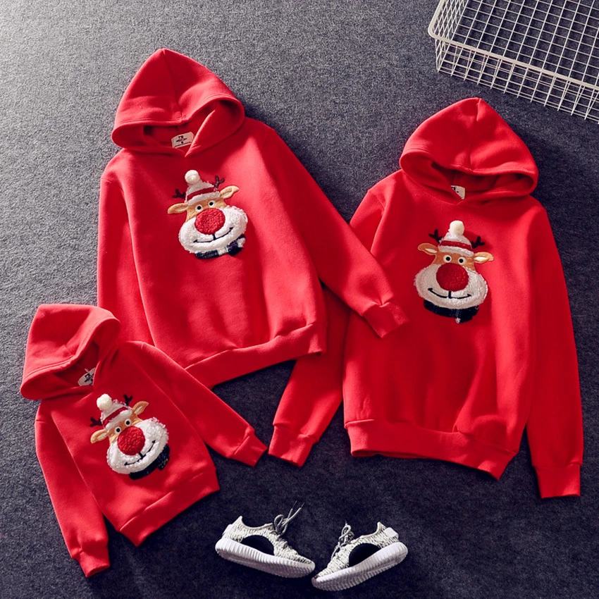 Color 1 one piece Зимние теплые меховые Семейные Рождественские толстовки с капюшоном; одинаковый свитер с капюшоном для мамы и дочки с объемным рисунком Санта Клауса и лося - Цвет: Color 1 one piece