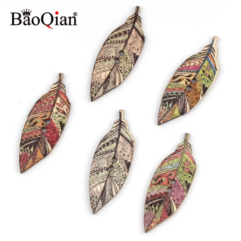 20 шт., деревянные пуговицы для пришивания одежды с индийским пером и 2 отверстиями, аксессуары для ручной работы 42x15mm