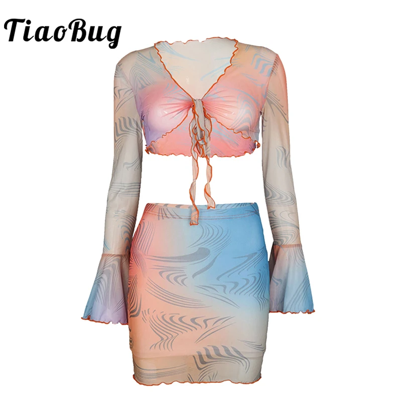

Fashion Print Mesh 2Pcs Sets Women Summer Sexy Outfits Streetwear Colorful Flare Sleeve Lace Up Y2k Crop Top Mini Skirt Clubwear