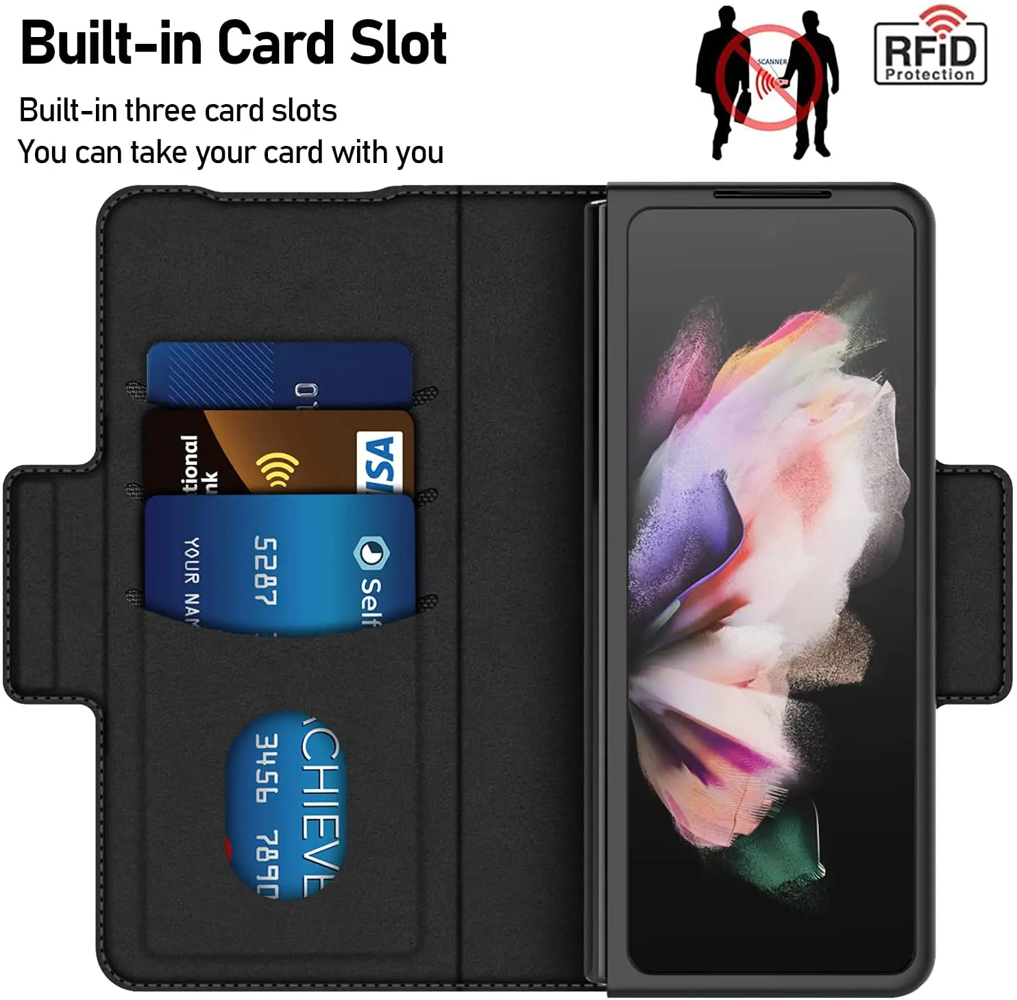 Funda de cuero de fibra de carbono para Samsung Galaxy Z Fold 3, 5G, 2021, BILLETERA, todo incluido, con tapa magn&eacute;tica para tarjetas, para Galaxy Z Fold 3-3