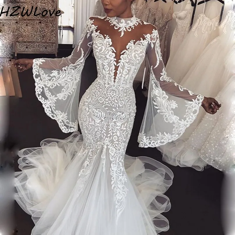 

Dubai Arabic High Neck Mermaid Wedding Dresses With Sheer Neck High Neck Appliques Lace Full Sleeves Bridal Dress vestido de noi