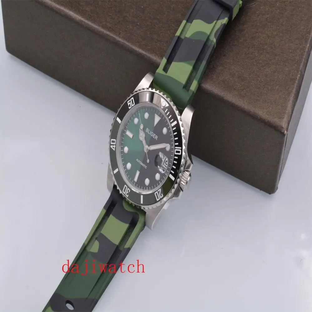 Керамические автоматические мужские часы черные зеленые наручные с резиновым