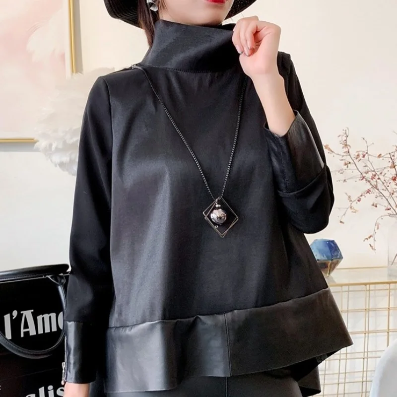 

Autumn New Women Chiffon Patchwork Sheepskin Genuine Leather Outerwear Tops Loose Fit Turtleneck Jacket Irregular Casual Coats