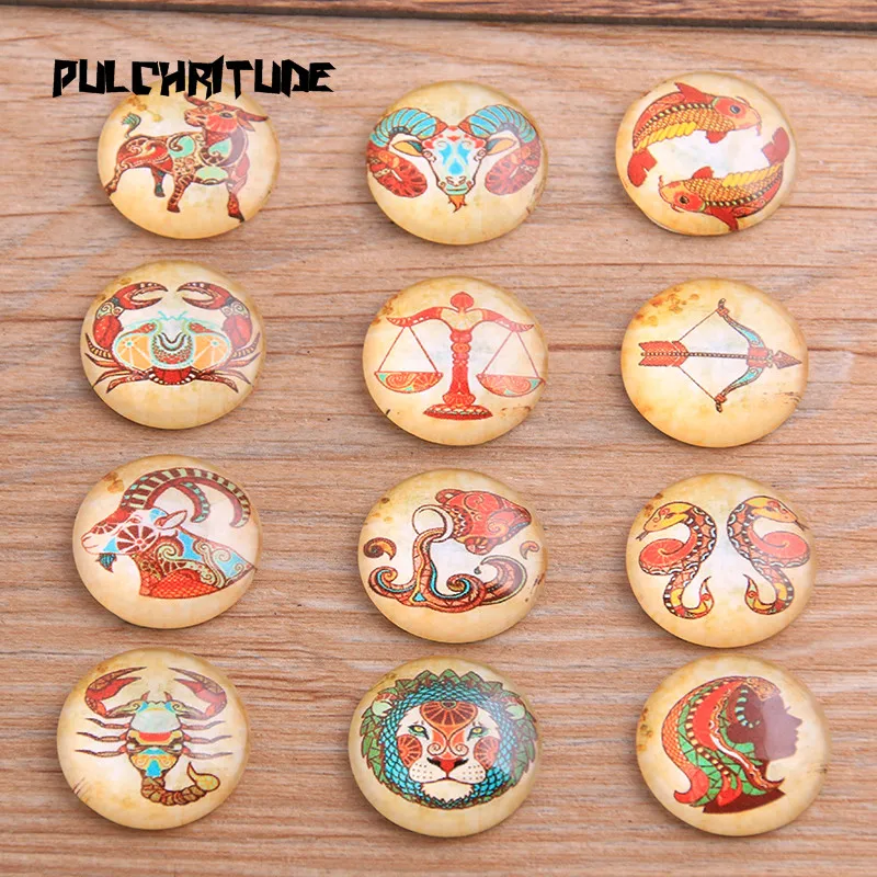

12pcs/lot 12 Constellations Pattern Round Glass Cabochon 20mm 25mm Dome Flat Back DIY Jewelry Finding