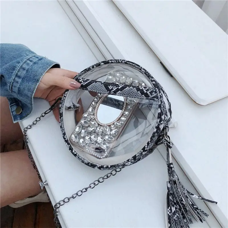 

Women Clear Snakeskin Pattern Crossbody Bag Round Transparent Purse Shoulder Handbag with Tassel Satchel Tote