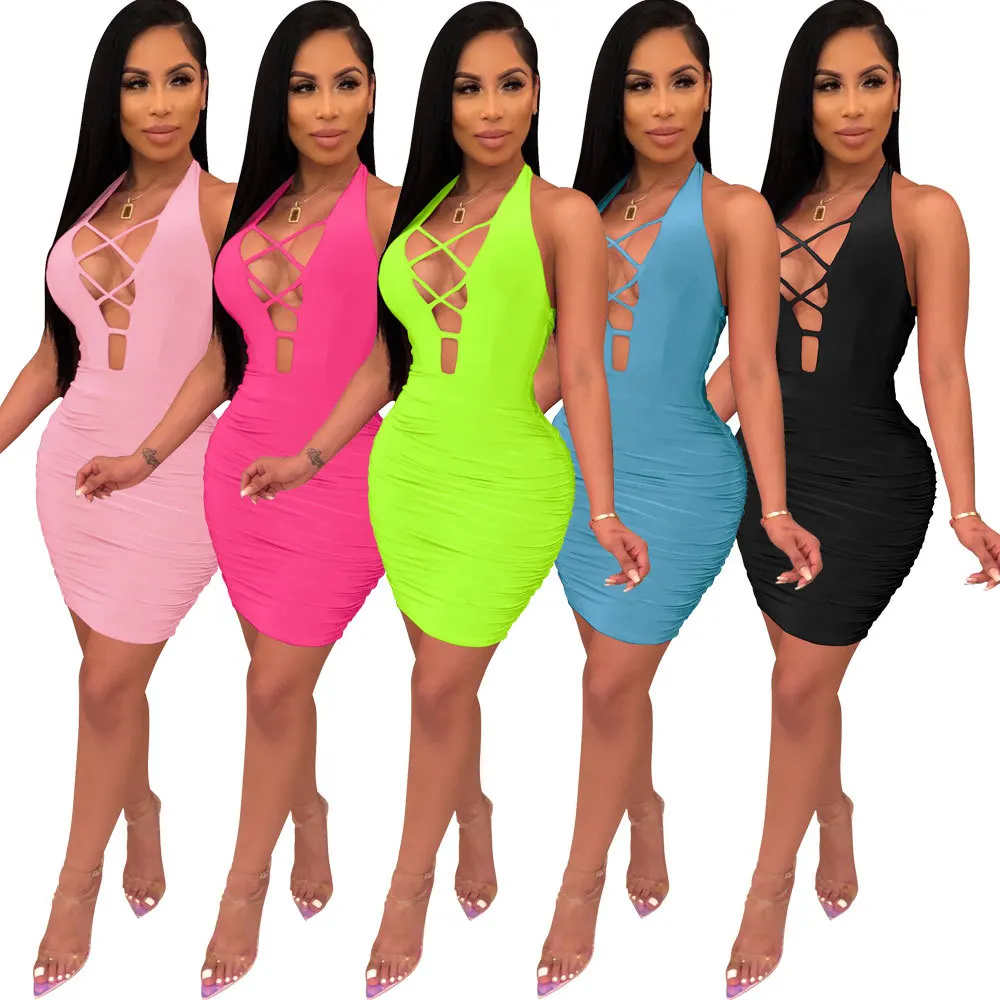 

Euro-American Nightclub Sexy Skirt Hanging Neck Halter Solid Color Pleated Simple Bandage Party Women Dress