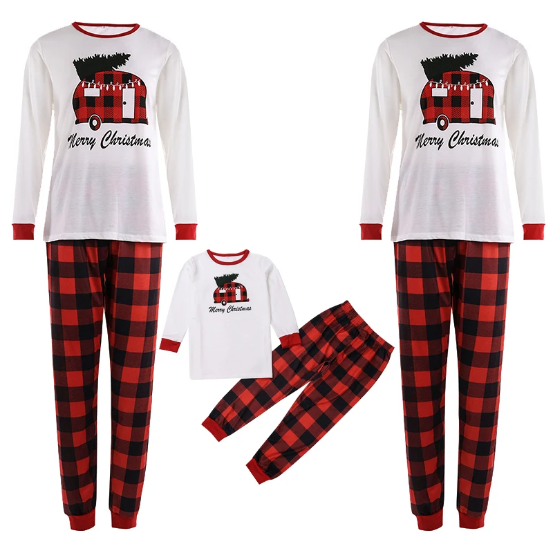 

Family Christmas Long-Sleeved Pajamasm Suit Round Collar White Top with Black Red Check Long Pants Parent-child Outfit